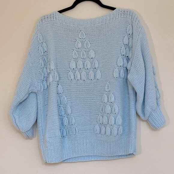 Vintage Light Blue Bubble Knit 3/4 Sleeve Knit Grandma Sweater S - Picture 9 of 10